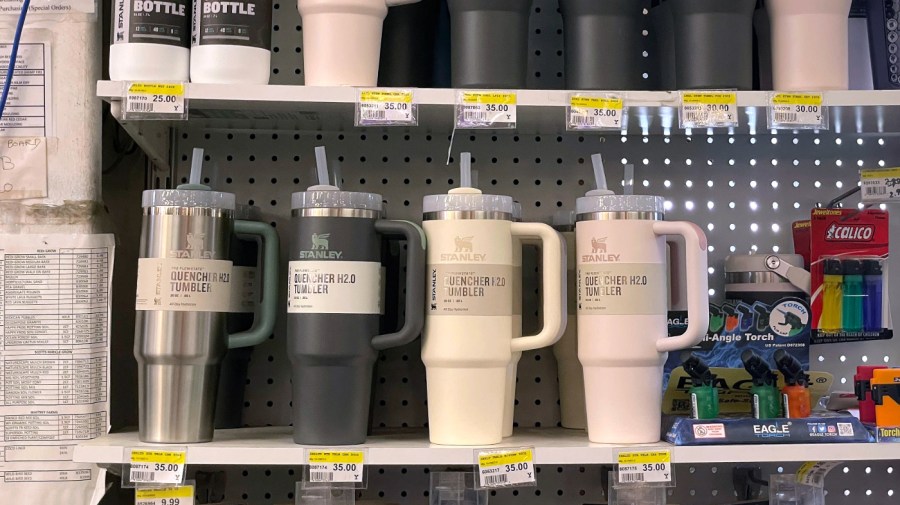 Stanley Quencher tumblers are displayed on a shelf at a hardware store on January 25, 2024 in Mill Valley, California.