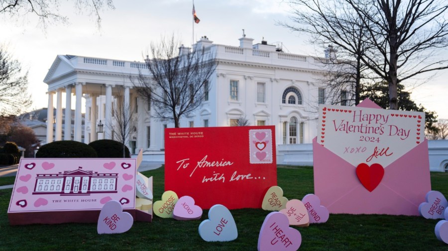 Decorations for Valentine's Day adorn the White House lawn, Wednesday, Feb. 14, 2024, in Washington.