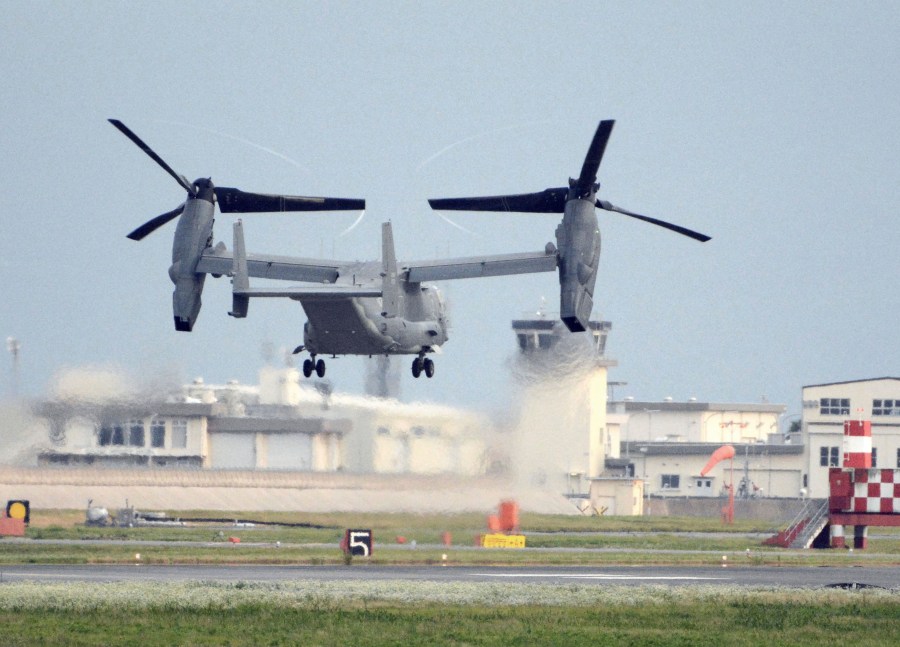 FILE - A U.S. military CV-22 Osprey takes off from Iwakuni base, Yamaguchi prefecture, western Japan, on July 4, 2018. Air Force Special Operations Command said Tuesday it knows what failed on its CV-22B Osprey leading to a November crash in Japan that killed eight service members. But it still does not know why the failure happened. Because of the crash almost the entire Osprey fleet, hundreds of aircraft across the Air Force, Marine Corps and Navy, has been grounded since Dec. 6. (Kyodo News via AP, File)