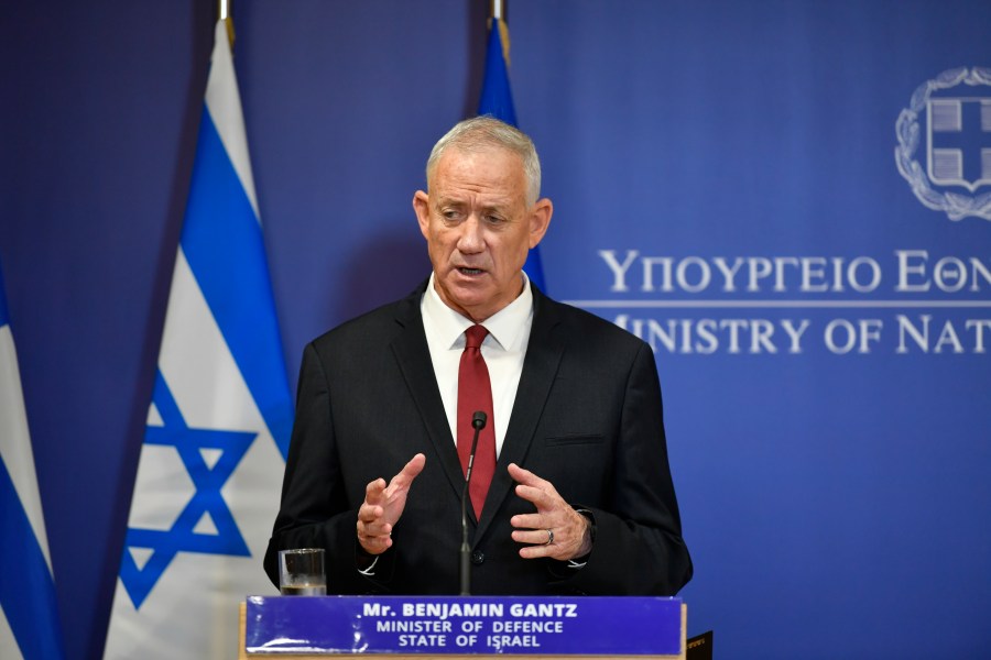 FILE - Israeli Defense Minister Benny Gantz, speaks during a joint press conference with his Greek counterpart Nikos Panagiotopoulos, at the Greek Ministry of Defence, in Athens, Greece, on Nov. 18, 2022. Benny Gantz, who is in Washington this week for meetings with U.S. leaders, is a crucial member of Israel’s War Cabinet. He is also the top political rival to Israeli Prime Minister Benjamin Netanyahu. Gantz is a centrist politician who joined Netanyahu’s ultranationalist and religious government soon after Hamas’ Oct. 7 attack on southern Israel. (AP Photo/Michael Varaklas, File)