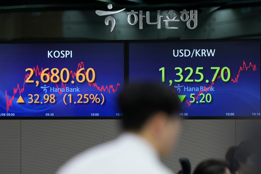 A currency trader walks by the screens showing the Korea Composite Stock Price Index (KOSPI), left, and the foreign exchange rate between U.S. dollar and South Korean won at a foreign exchange dealing room in Seoul, South Korea, Friday, March 8, 2024. Asian shares were mostly higher Friday, after U.S. stocks climbed to records, with easier interest rates beckoning on the horizon. (AP Photo/Lee Jin-man)