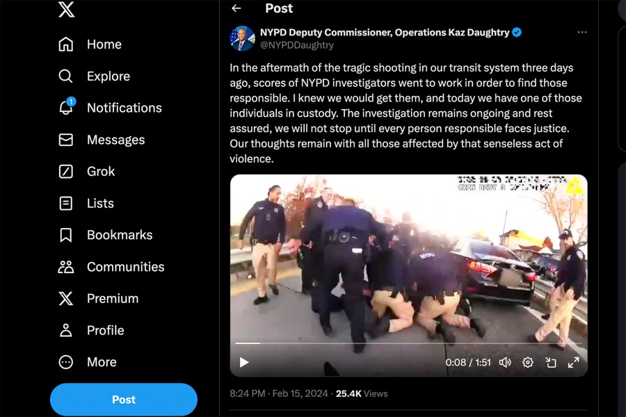 This screen grab from X, formerly known as Twitter, shows a social media post by NYPD Deputy Commissioner Kaz Daughtry on Thursday, Feb. 15, 2024, in New York. The New York Police Department has been taking a more active role in trying to influence public policy through slick online videos and social media posts. (X via AP)