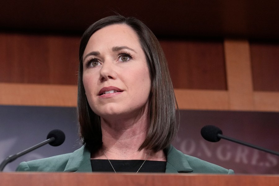 FILE - Sen. Katie Britt, R-Ala.,, speaks during a news conference on the border, Feb. 15, 2023, on Capitol Hill in Washington. Britt gave the Republican response to President Joe Biden’s State of the Union address Thursday, March 7, 2024. (AP Photo/Mariam Zuhaib, File)