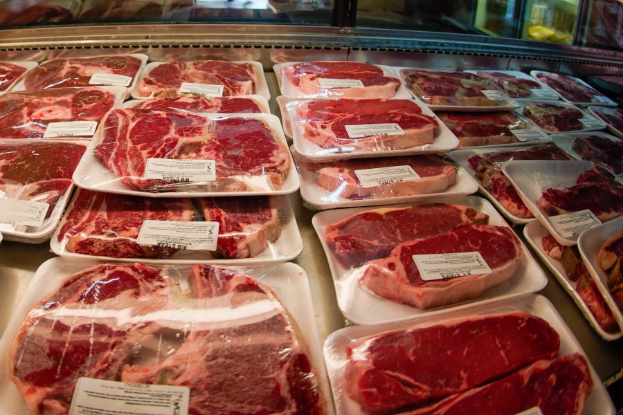 FILE - Rows of fresh cut beef are displayed in the coolers of the retail section at the Wight's Meat Packing facility, June 16, 2022, in Fombell, Pa. The U.S. Department of Agriculture on Monday, March 11, 2024, announced new requirements for meat and egg producers who use the voluntary “Product of USA” or “Made in the USA” labels on their products. (AP Photo/Keith Srakocic, File)