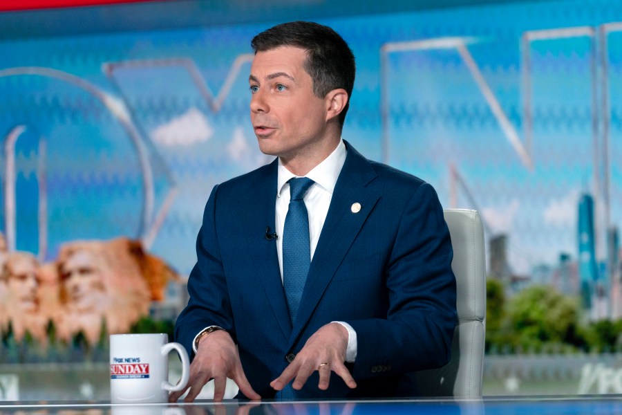 Transportation Secretary Pete Buttigieg speaks during an interview with "Fox News Sunday" anchor Shannon Bream at the Fox News bureau in Washington, Sunday, March 10, 2024. (AP Photo/Jose Luis Magana)