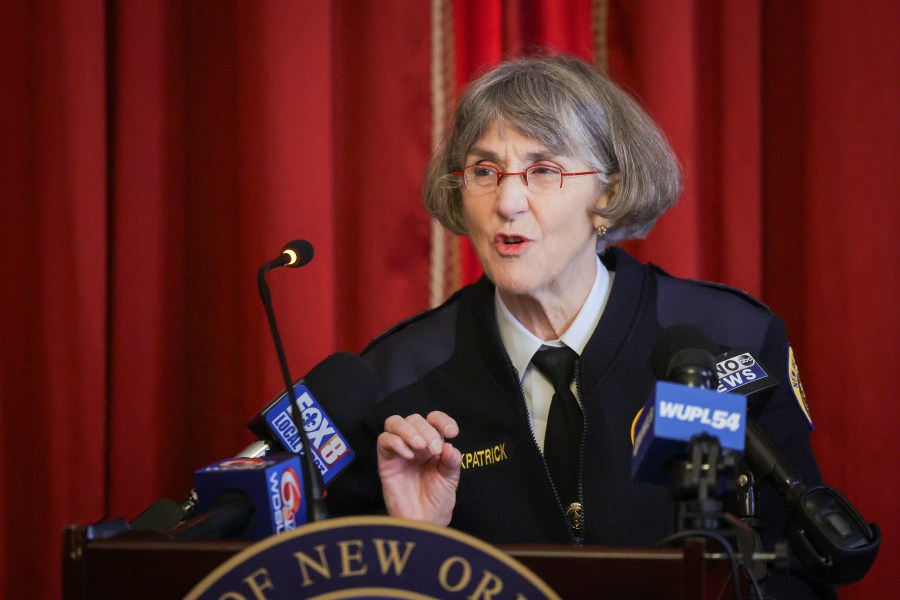 New Orleans Police Superintendent Anne Kirkpatrick addresses the media discussing Carnival safety measures and preparations during a news conference at Gallier Hall in New Orleans on Wednesday, Jan. 31, 2024. Kirkpatrick says conditions at the department's aging headquarters are so deplorable that officers work amid heavy mold, cockroaches and even rats munching on contraband in the evidence locker. Police Superintendent Anne Kirkpatrick told city council members the infestation is so bad that "the rats eating our marijuana, they're all high.” (Brett Duke/The Times-Picayune/The New Orleans Advocate via AP)