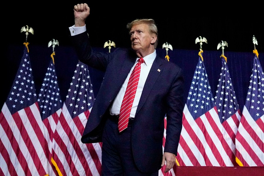 Republican presidential candidate former President Donald Trump gestures at a campaign rally Saturday, March 9, 2024, in Rome Ga. (AP Photo/Mike Stewart)