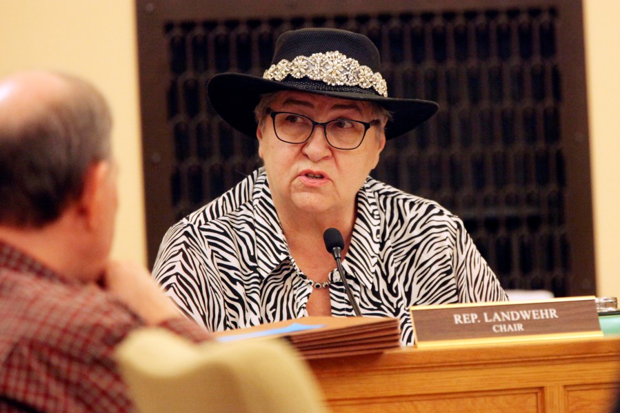 Kansas state Rep. Brenda Landwehr, R-Wichita, presides as chair over a meeting of the House Health and Human Services Committee as it discusses Medicaid expansion, Thursday, March 21, 2024, at the Statehouse in Topeka, Kan. Republicans on the committee have kept it from advancing Democratic Gov. Laura Kelly's plan for expanding Medicaid to the full House. (AP Photo/John Hanna)