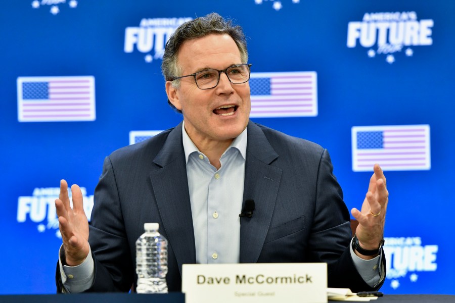 Republican David McCormick, a candidate for U.S. Senate in Pennsylvania, speaks during an event at the Pennsylvania Manufacturers Association offices, March 15, 2024, in Harrisburg, Pa. McCormick wants to unseat Democratic Sen. Bob Casey, who is emerging as the tip of the spear in trying to reframe the election-year narrative around inflation, a key soft spot in 2024 for Democrats on the all-important voter issue of the economy. (AP Photo/Marc Levy)