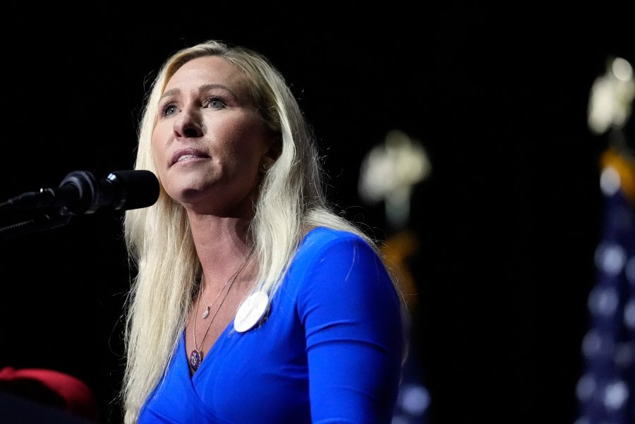 Rep. Marjorie Taylor Greene, R-Ga., speaks before Republican presidential candidate former President Donald Trump at a campaign rally Saturday, March 9, 2024, in Rome Ga. (AP Photo/Mike Stewart)