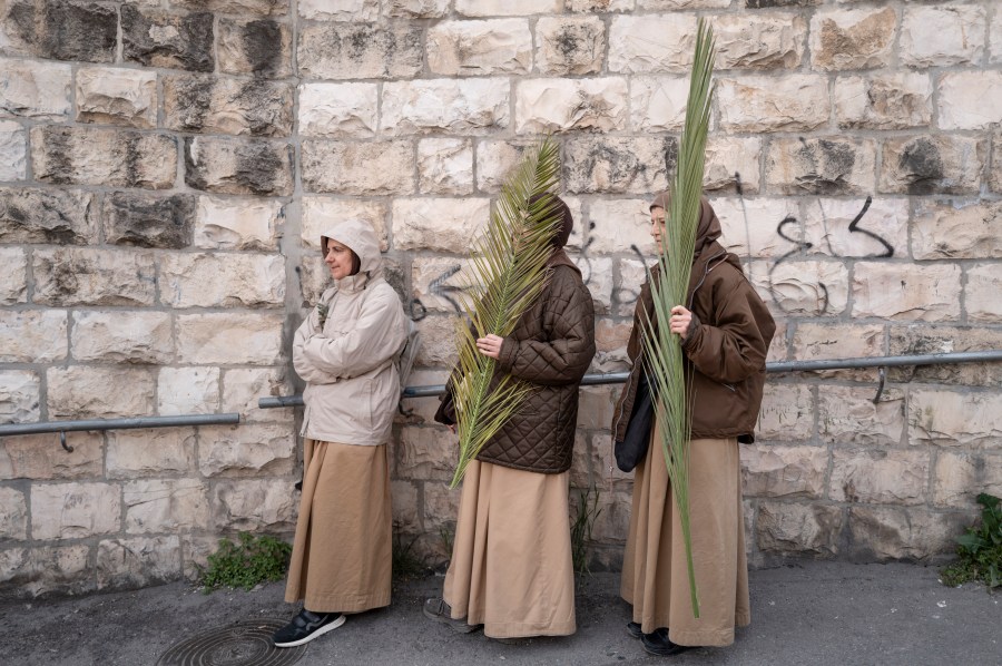 Christians walk in the Palm Sunday procession on the Mount of Olives in east Jerusalem, Sunday, March 24, 2024. (AP Photo/Ohad Zwigenberg)