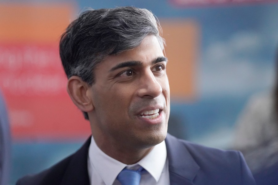 Britain's Prime Minister Rishi Sunak attends a visit to an engineering firm in Barrow-in-Furness, England, Monday, March 25, 2024. (Danny Lawson/PA via AP)