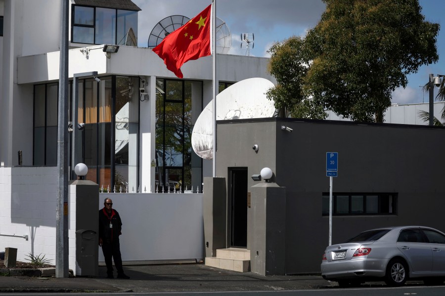 The Chinese flag flies at the Chinese Consulate in Auckland, New Zealand, Tuesday, March 26, 2024. Hackers linked to the Chinese government launched a state-sponsored operation that targeted New Zealand's Parliament in 2021, the country's security minister said. (Jason Oxenham/New Zealand Herald via AP)