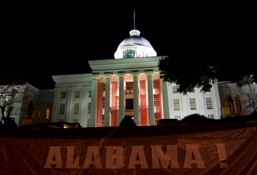 Festive banners and bunting hang from and around the Alabama Capitol.