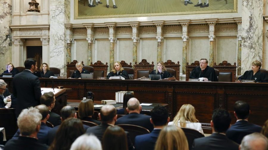 Justices on the Wisconsin Supreme Court listen to arguments.