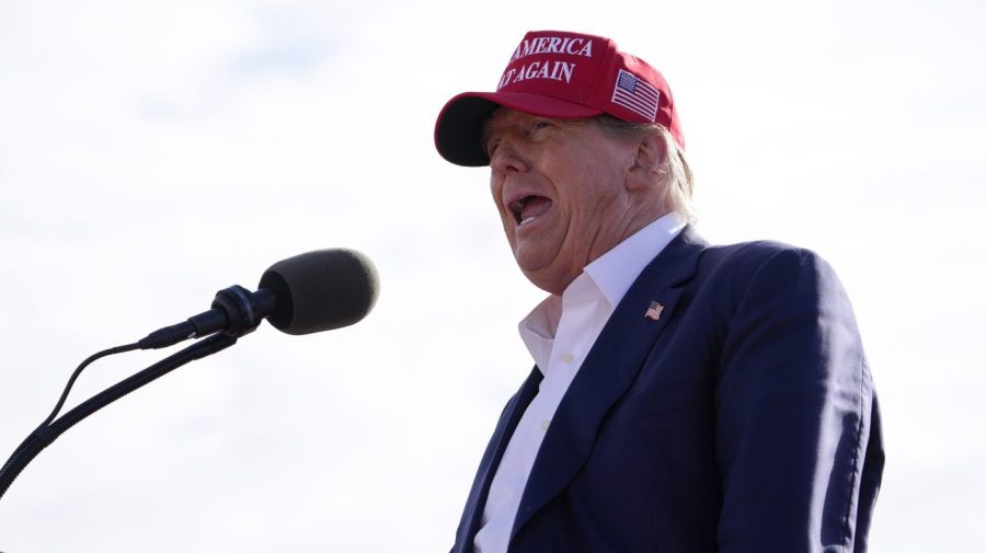 Former President Trump speaks on stage at a campaign rally.