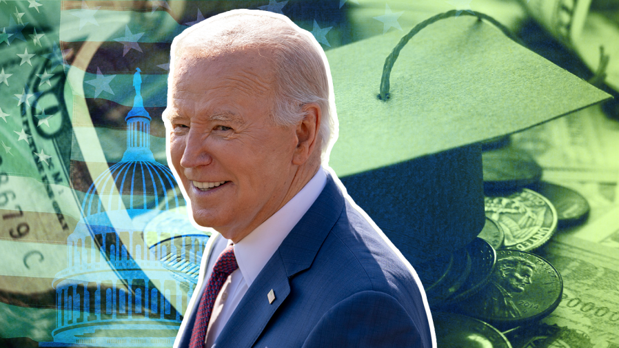 President Biden in front of an image of money, a mortarboard, the Capitol building and the American flag.