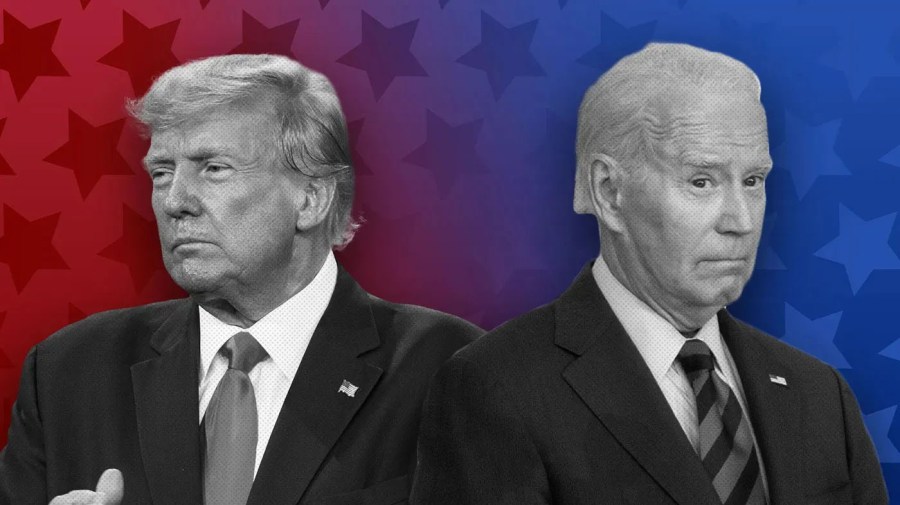 Black and white cutouts of former President Trump, left, and President Biden, right, are superimposed on an image of stars with a red and blue gradient overlay.