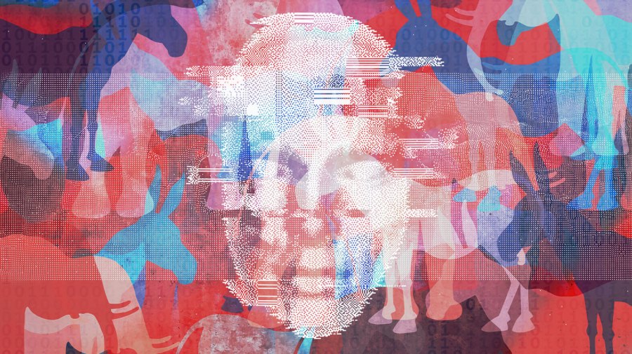 A digital rendering of a face is superimposed on an image of red elephants and blue donkeys, symbolizing Republicans and Democrats.