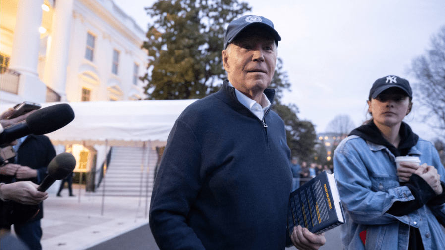 US President Joe Biden speaks to the press before he departs the White House in Washington, DC, for the presidential retreat in Camp David, Maryland, on March 1, 2024.