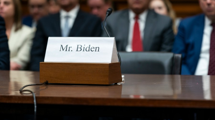 A name placard for Hunter Biden