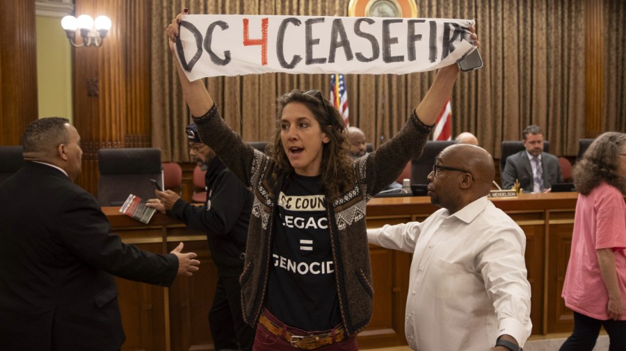 A pro-Palestinian protester holds a sign that says "DC 4 Ceasefire" in front of a D.C. Council hearing as security attempts to take control of the disruptions.