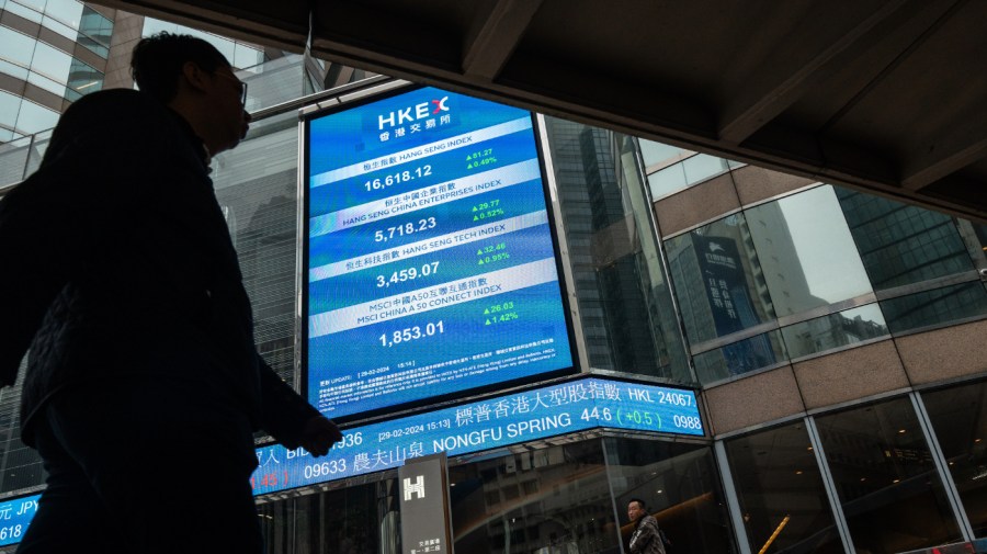 An electronic ticker at the Exchange Square Complex, which houses the Hong Kong Stock Exchange, in Hong Kong, China, on Thursday, Feb. 29, 2024.