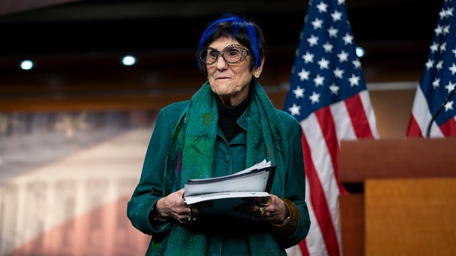 Representative Rosa DeLauro is seen carrying some papers after a meeting.