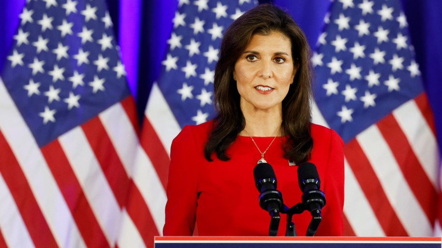 Republican presidential candidate and former U.N. Ambassador Nikki Haley announces the suspension of her presidential campaign at her campaign headquarters on March 06, 2024 in Daniel Island, South Carolina.