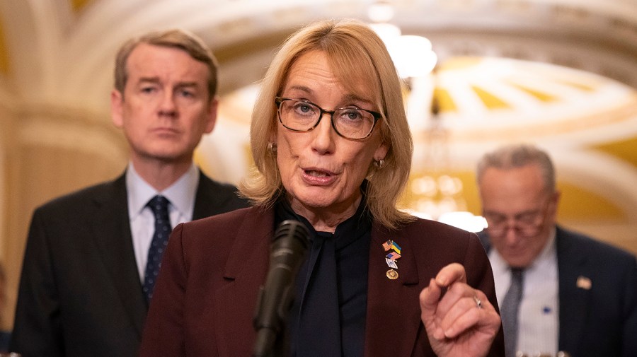 Senator Maggie Hassan speaks to the media.