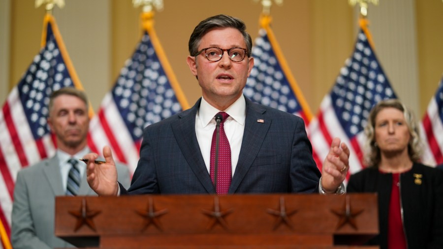 Speaker Mike Johnson (R-La.) addresses reporters on March 6, 2024.