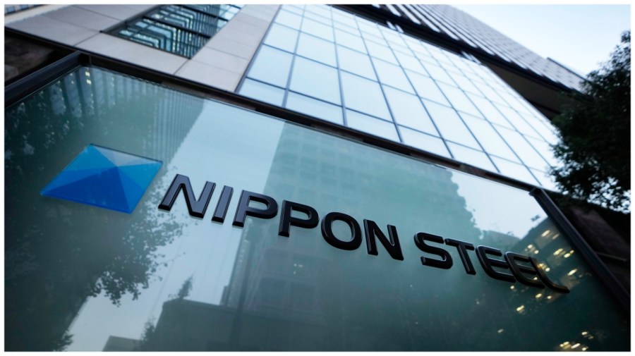 The Nippon Steel Corp. logo is displayed on a sign outside its headquarters in Tokyo.