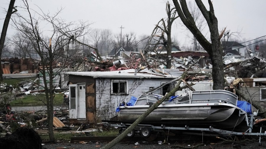 A home is damaged following a severe storm Friday, March 15, 2024, in Lakeview, Ohio.