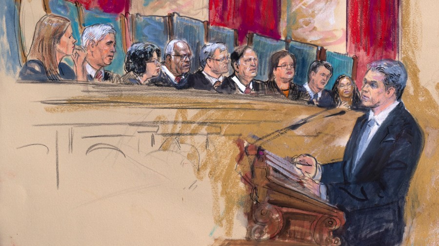 This artist sketch depicts Jonathan Mitchell arguing on behalf of former President Donald Trump about the Colorado Supreme Court's ruling that Trump should be removed from the ballot, Thursday, Feb. 8, 2024, in Washington. Listening from left are Justice Amy Coney Barrett, Justice Neil Gorsuch, Justice Sonia Sotomayor, Justice Clarence Thomas, Chief Justice John Roberts, Justice Samuel Alito, Justice Elena Kagan, Justice Brett Kavanaugh and Justice Ketanji Brown Jackson.