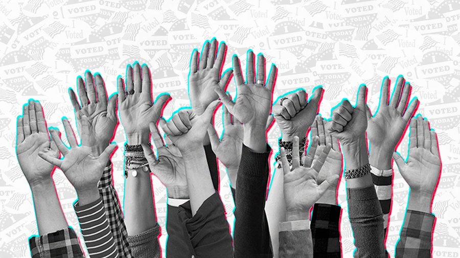 A black and white cutout of various arms with hands raised or giving a thumbs up is superimposed over a light gray image of various "I voted today" stickers. The cutout of the arms have an anaglyph 3D effect that mimics the TikTok logo.