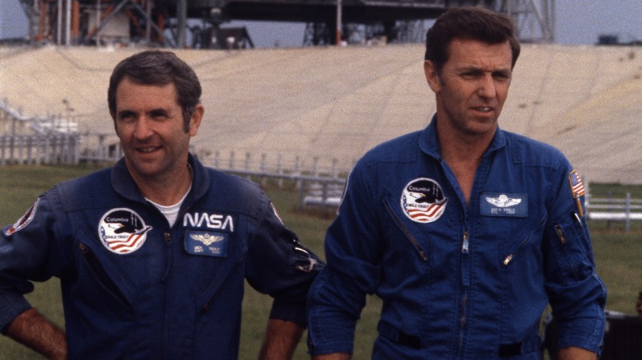 Astronauts Joseph Engle and Richard Truly, left, in front of Pad 39-A following their countdown demonstration test of the Columbia Space Shuttle at the Kennedy Space Center, Fla., 1981.