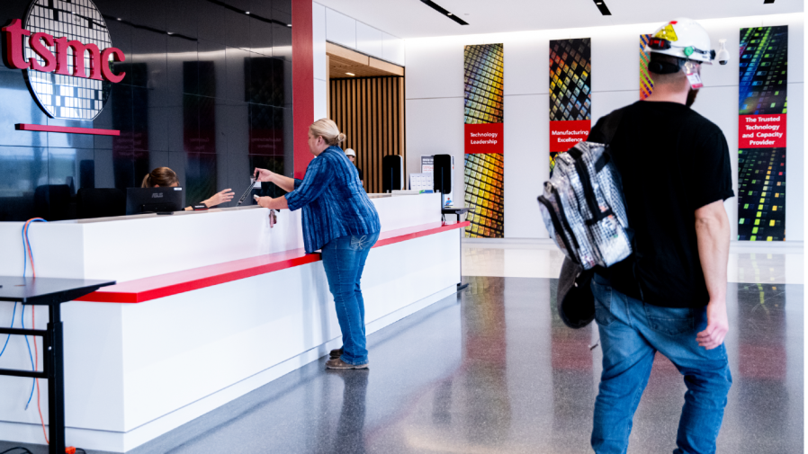 Workers in the lobby of the TSMC facility in Phoenix, Arizona on January 24, 2023.