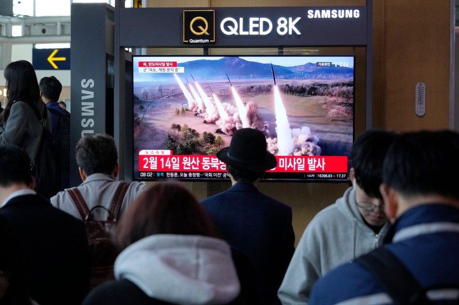 A news program airs a file image of a missile launch by North Korea at the Seoul Railway Station in Seoul, South Korea, on Tuesday, April 2, 2024. South Korea's military says it has detected that North Korea fired at least one ballistic missile toward waters off its eastern coast, adding to a series of weapons demonstrations that have raised tensions in the region. (AP Photo/Ahn Young-joon)