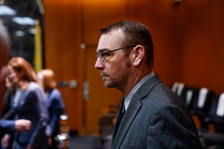 FILE - James Crumbley enters the Oakland County Courtroom of Cheryl Matthews during his trial, March 13, 2024, in Pontiac, Mich. In a court filing Wednesday, April 3, prosecutors in Michigan recommended at least 10 years in prison for Jennifer and James Crumbley, two parents who are the first in the U.S. to be held criminally responsible for a school shooting, when they're sentenced Tuesday, April 9. (Mandi Wright/Detroit Free Press via AP, Pool, File)