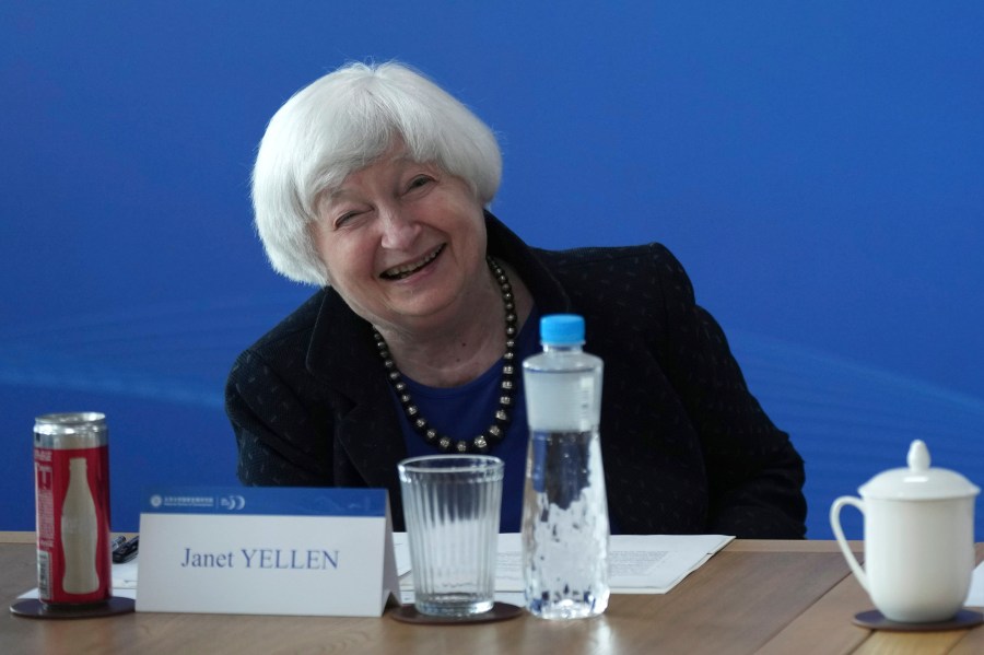 U.S. Treasury Secretary Janet Yellen reacts during talks with Huang Yiping, dean of National School of Development, unseen, at Peking University in Beijing Sunday, April 7, 2024. Yellen met Sunday with Chinese Premier Li Qiang in Beijing and sent a message of mutual cooperation despite the nations’ differences. (AP Photo/Tatan Syuflana, Pool)