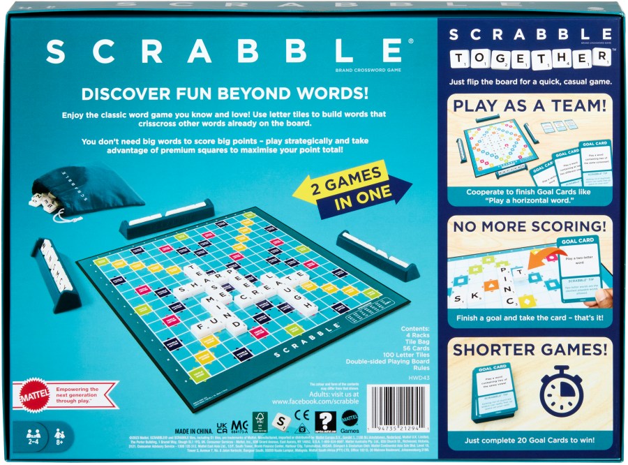 This photo provided by Mattel shows the new version of the board game Scrabble, that includes a new version called Scrabble Together. Mattel has unveiled a double-sided board that features both the classic word-building game and Scrabble Together, a new rendition aimed at making Scrabble more accessible “for anyone who finds word games intimidating." (Mattel via AP)