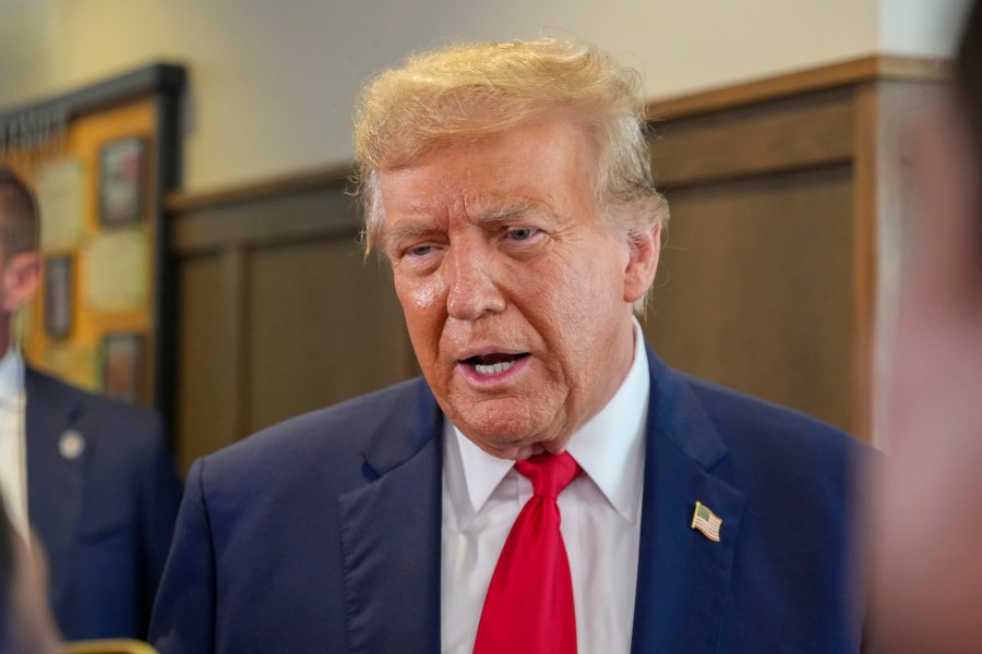 Republican presidential candidate former President Donald Trump visits a Chick-fil-A eatery, Wednesday, April 10, 2024, in Atlanta. (AP Photo/Jason Allen)