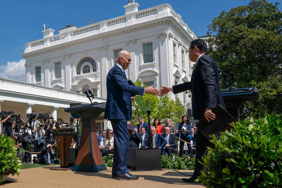 President Joe Biden, left, and Japanese Prime Minister Fumio Kishida shake hands after a news conference in the Rose Garden of the White House, Wednesday, April 10, 2024, in Washington. (AP Photo/Alex Brandon)