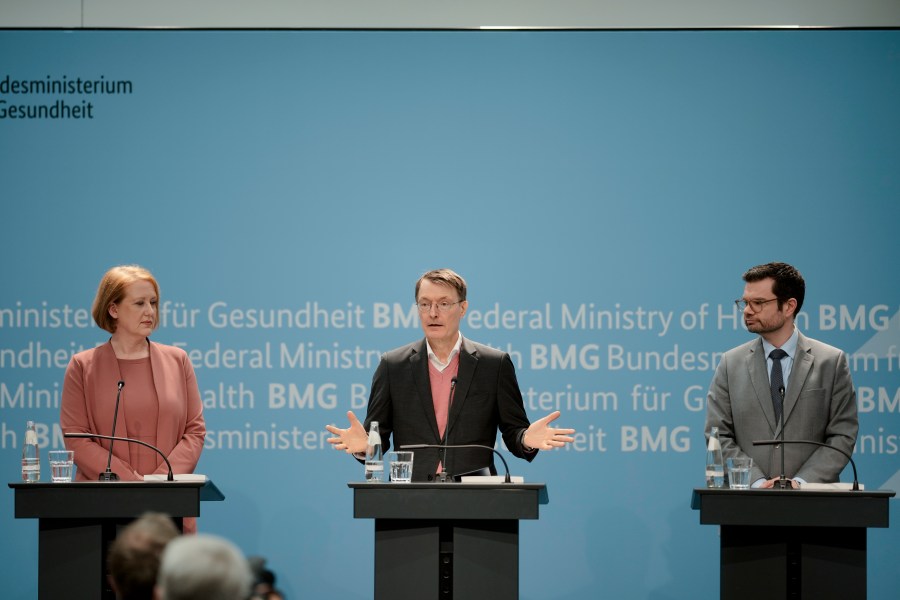 From left: German Minister for Family Affairs, Senior Citizens, Women and Youth, Lisa Paus, Health Minister Karl Lauterbach and Justice Minister Marco Buschmann attend a news conference following the presentation of a report an expert commission, tasked by the German government, to decriminalise the current abortion law, in Berlin, Monday, April 15, 2024. The independent experts commission recommended that abortion in Germany should no longer fall under the country's penal code but be made legal during the first 12 weeks of pregnancy. (AP Photo/Markus Schreiber)