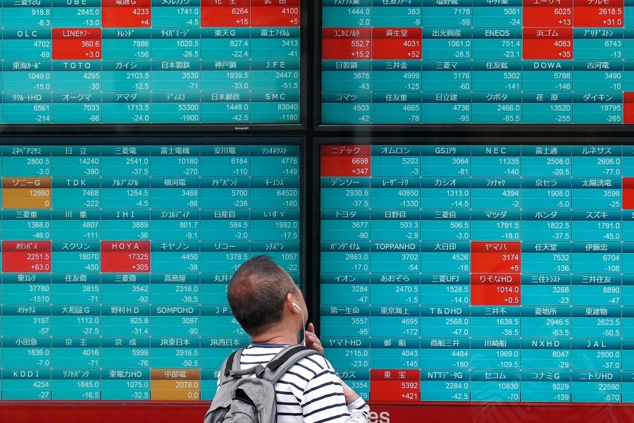 FILE - A person looks at an electronic stock board showing Japan's Nikkei 225 index at a securities firm Tuesday, April 16, 2024, in Tokyo. Asian shares advanced on Thursday even after sinking technology stocks sent Wall Street lower in the S&P 500's worse losing streak since the start of the year. (AP Photo/Eugene Hoshiko, File)