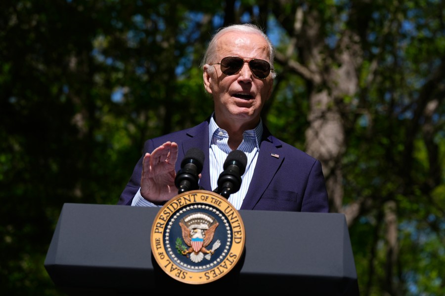 President Joe Biden speaks at Prince William Forest Park on Earth Day, Monday, April 22, 2024, in Triangle, Va. Biden is announcing $7 billion in federal grants to provide residential solar projects serving low- and middle-income communities and expanding his American Climate Corps green jobs training program. (AP Photo/Manuel Balce Ceneta)