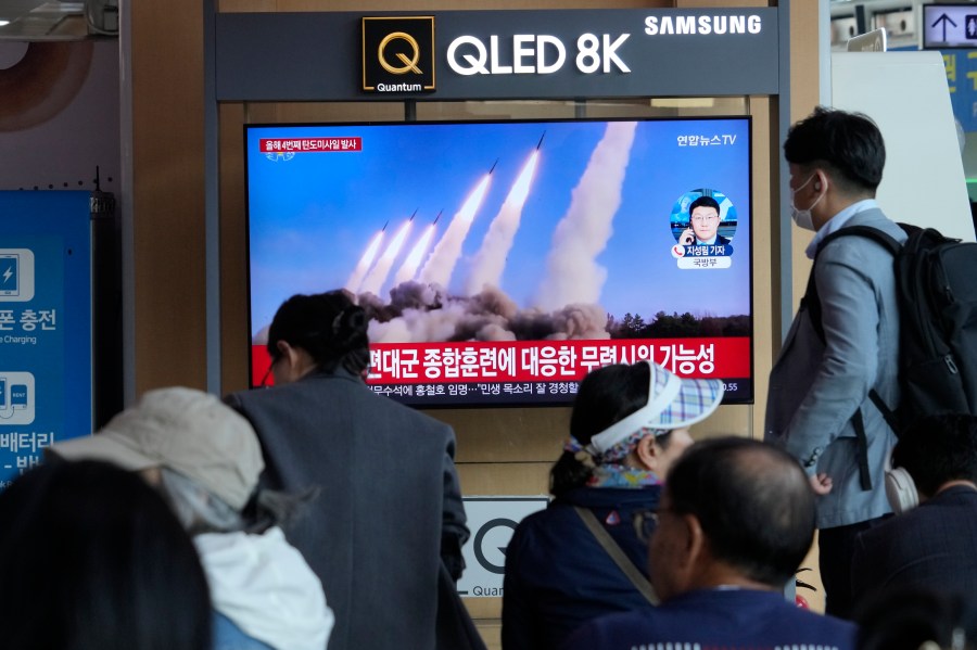 A TV screen shows a file image of North Korea's missiles launch during a news program at the Seoul Railway Station in Seoul, South Korea, Monday, April 22, 2024. North Korea fired multiple suspected short-range ballistic missiles toward its eastern waters on Monday, South Korea's military said, the latest in a recent series of weapons launches by the North. (AP Photo/Ahn Young-joon)