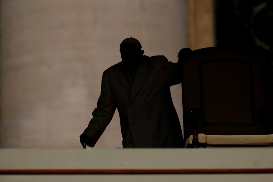 Pope Francis arrives for his weekly general audience in St. Peter's Square, at the Vatican, Wednesday, April 24, 2024. (AP Photo/Alessandra Tarantino)