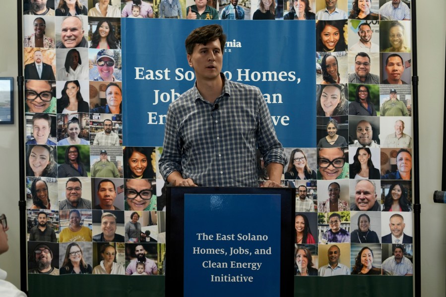 Jan Sramek, CEO of California Forever, speaks at a news conference announcing that his group has submitted signatures for a November ballot measure that would clear hurdles to build a new city in Solano County. Vallejo, Calif. April 30, 2024 (AP Photo/Terry Chea)