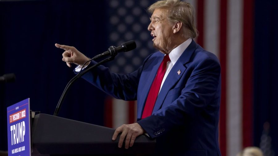 Republican presidential candidate former President Donald Trump speaks at a rally.